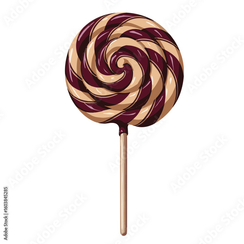 Colorful lollipop swirl with black and burgundy stripes on white backdrop, sweetness