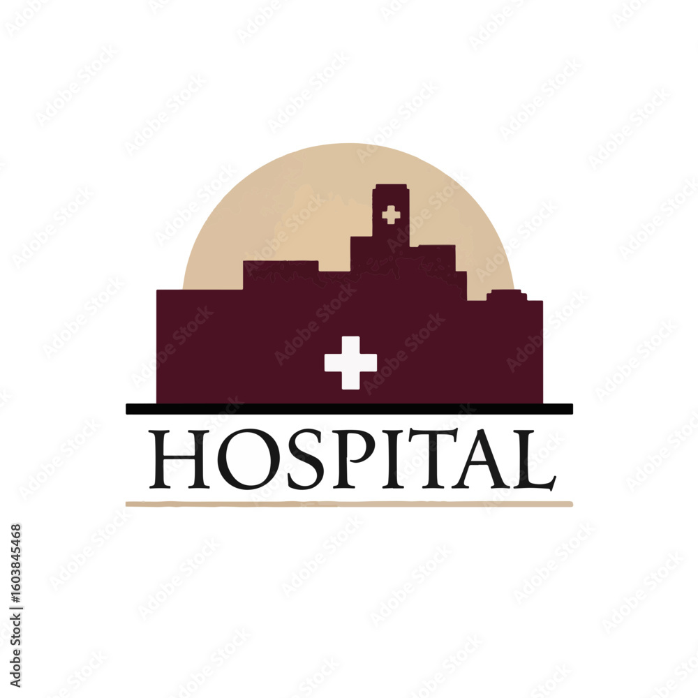 Obraz premium Hospital silhouette in burgundy and sand on white background, healthcare concept