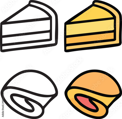 Simple cartoon illustrations of a slice of layered cake and a swiss roll, shown in both outline and colored styles.