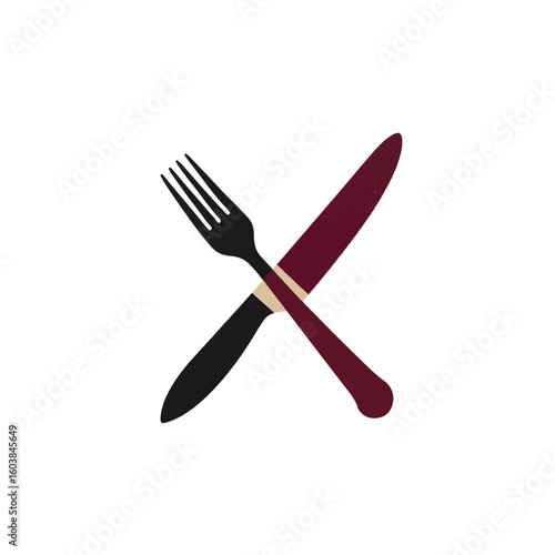 Crossed knife and fork silhouette on white background, culinary symbolism