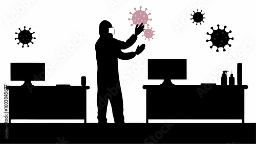 Silhouette of person in hazmat suit amidst desks and floating viruses in an office environment scene