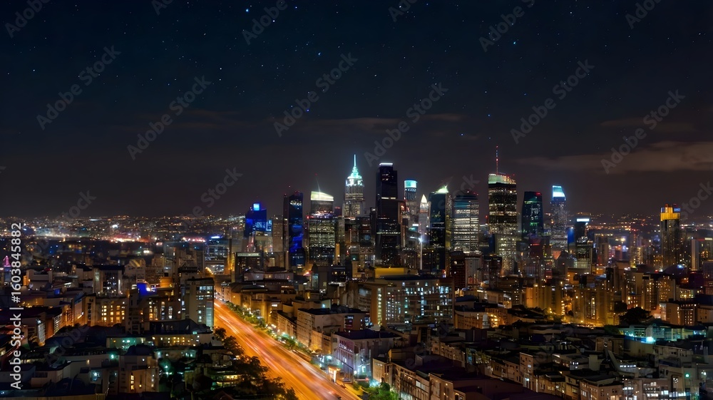 Fototapeta premium Nighttime city skyline with glowing windows and streetlights, capturing urban vibrancy.