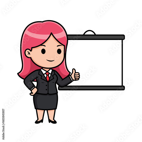 Cartoon woman in a business suit gives a thumbsup next to a blank presentation board