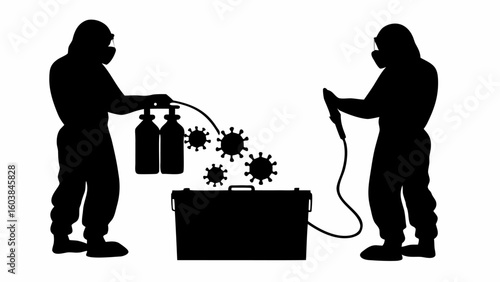 Silhouette of two people in hazmat suits disinfecting viruses with equipment near a container box object