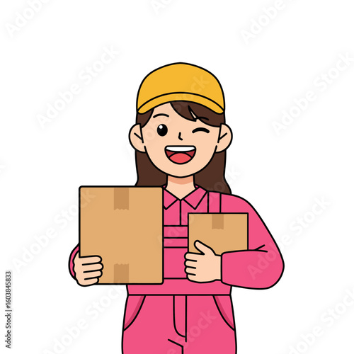 Smiling cartoon delivery worker in pink uniform holding boxes