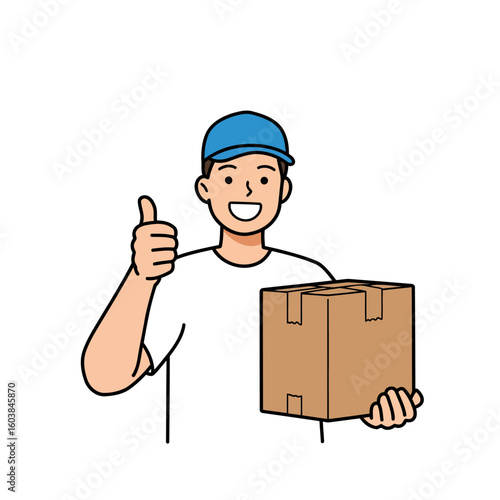 A delivery man in a blue cap holds a box and gives a thumbs up