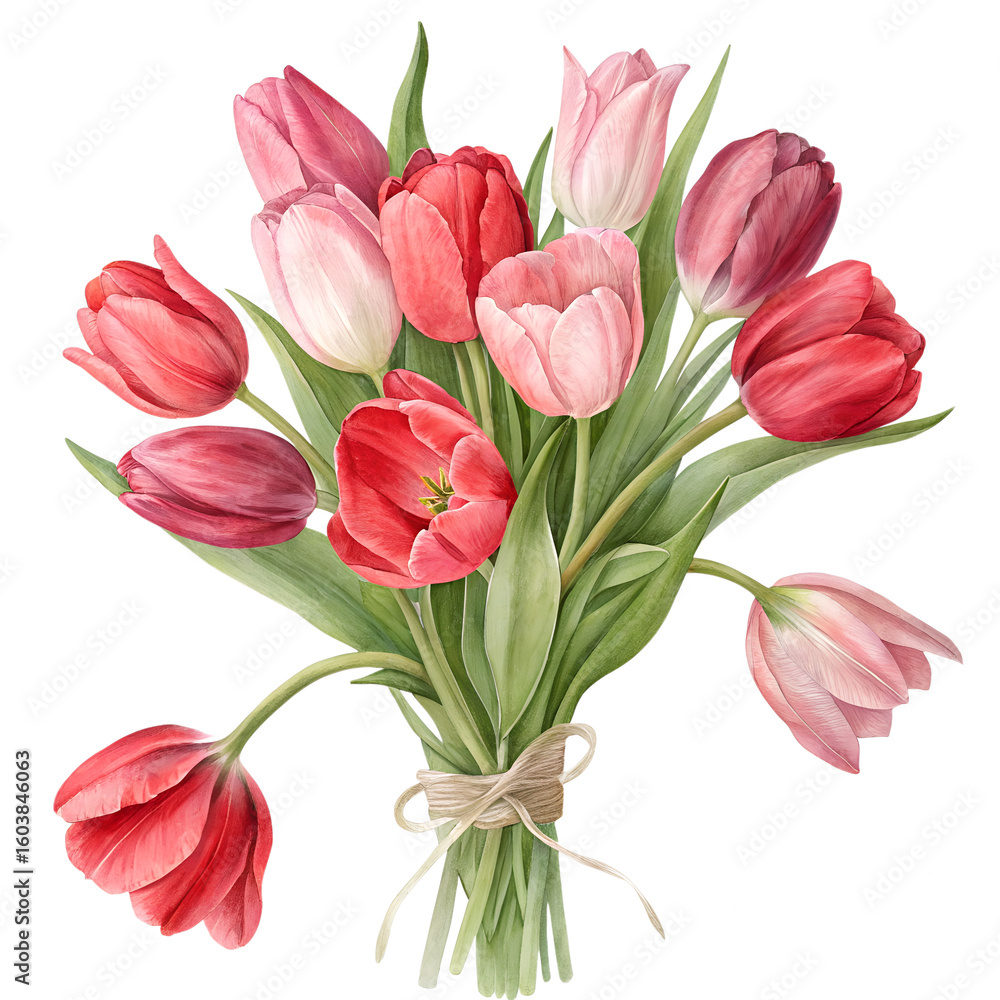 Fototapeta premium Watercolor Bouquet of Pink and Red Tulips Tied with Twine on transparent background