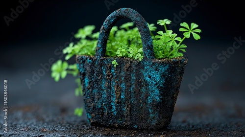 Textured dark blue pot with green foliage macro detail soft focus background