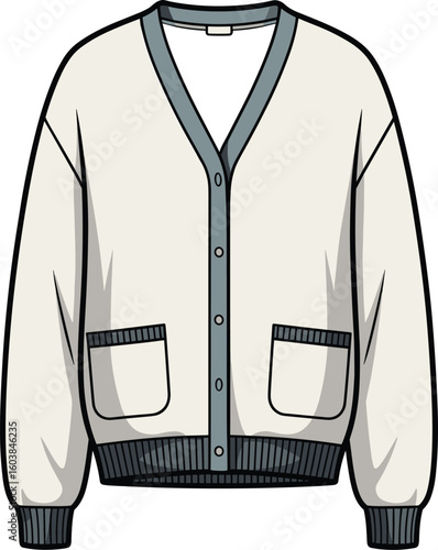 Beige cardigan CAD design, blue trim vector, cozy fall fashion illustration, flat garment sketch, stylish wardrobe essential, digital apparel graphic