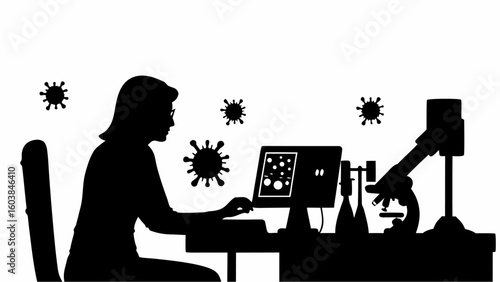 Silhouette of scientist working at computer and microscope with virus particles in the background