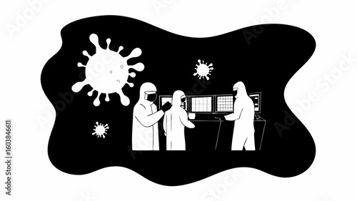 Illustration of three people in hazmat suits looking at monitors with virus graphics in the background