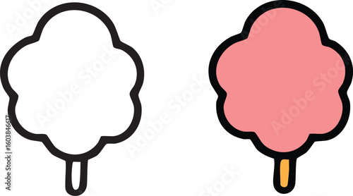 Two simple icons of cotton candy, one a black outline and the other colored pink on a stick.