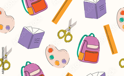 Back to school stationery seamless pattern. Cartoon school supplies. Geometric elements, book, backpack, ruler, scissors, paints for education, study, sticker, banner. Flat hand drawn vector illustrat