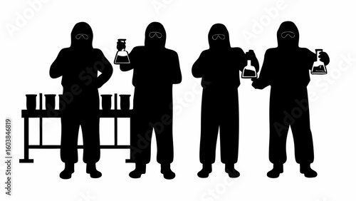 Four people in hazmat suits holding beakers with a table and containers in the background scene image