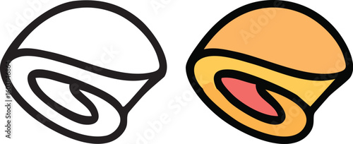 Two simple icons of a sweet swiss roll pastry, one a black outline and the other a colored version with a pink spiral filling.