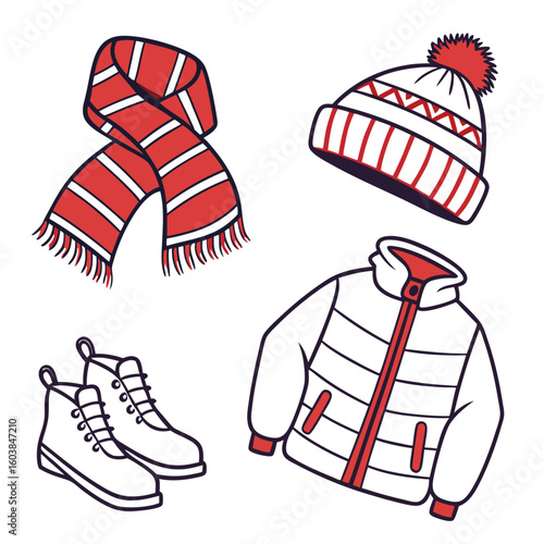 Cozy winter apparel collection featuring a puffy jacket striped scarf bobble hat and lace up boots in red and white