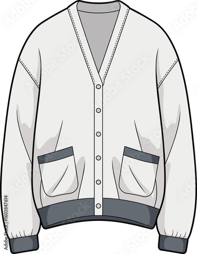 White cardigan with grey cuffs, flat vector illustration, fashion design, clothing template, apparel mockup, stylish, minimalist, cozy, unisex, buttoned,