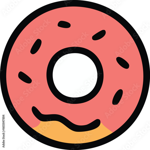 A cartoon illustration of a delicious pink frosted donut with black sprinkles and a bite taken out.