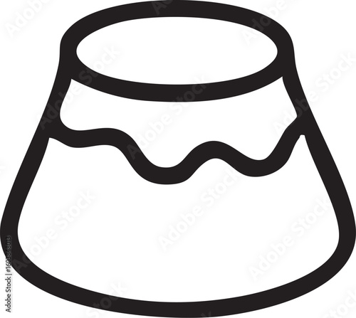 A minimalist black line icon of a molded pudding dessert with a wavy line representing dripping sauce.