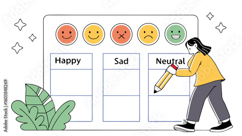Illustration of a person using a feedback chart with happy sad and neutral emoticons and categories for assessment and evaluation