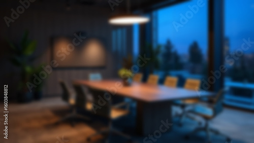 Wallpaper Mural blurry image of office room at night, there is a large meeting table, modern theme, Evergreen, blur wallpaper. Torontodigital.ca