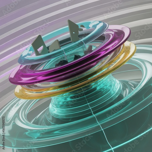 Futuristic Abstract 3D Shape with Metallic Rings and Transparent Elements