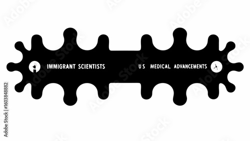 Black and white graphic showing immigrant scientists and us medical advancements with unique design shape