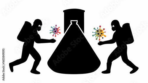 Two figures in protective suits facing viruses near a dark structure with a bright opening ahead of them