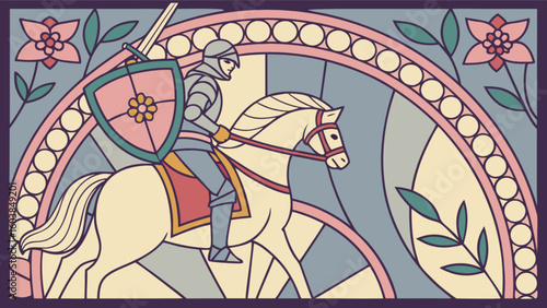 Illustration of a knight in armor riding a white horse with shield and sword in a floral frame