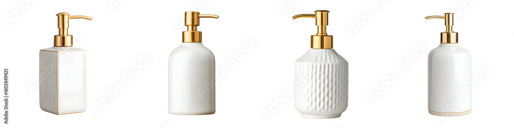 Obraz premium Ceramic Soap Dispensers with Gold Pumps: Modern Bathroom Accessories on White