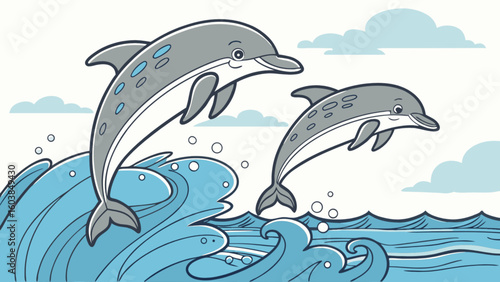 Two cartoon dolphins jumping out of blue ocean waves with clouds in the background on a bright day