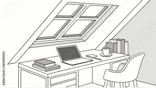 A sketch of an attic office space with a desk, laptop, books, and a window on a slanted ceiling
