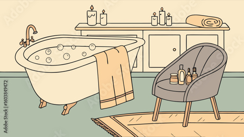 A bathroom scene featuring a bathtub with bubbles, a chair with toiletries, and lit candles set up