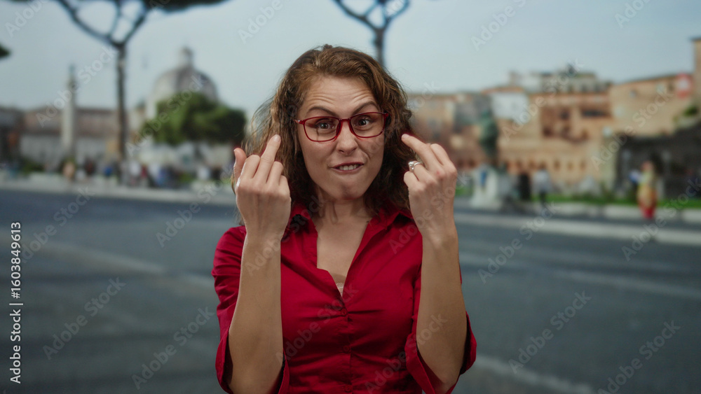 Fototapeta premium Woman in red shirt making expressive gestures on urban street with historical buildings, demonstrating an emotional reaction outdoors in a city setting