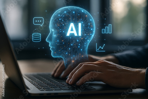 Person types on laptop interacting with AI virtual assistant. AI concepts like prompt engineering, generative AI visualized. 