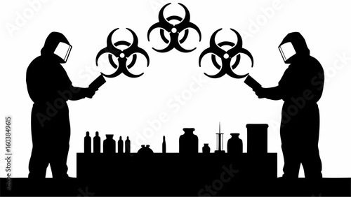 Silhouette of two people in hazmat suits working with biohazard symbols above a table with vials and jars