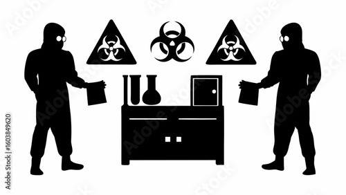 Silhouetted figures in hazmat suits flanking laboratory equipment and biohazard symbols in black and white