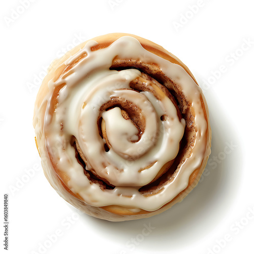 A freshly baked cinnamon roll topped with a generous layer of white icing, presented against a clean white background.