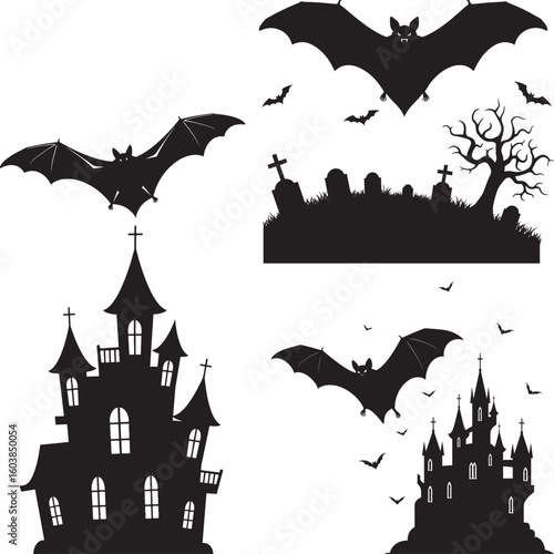 Spooky Halloween night vector illustration with a haunted house, full moon, and scary bats flying around an old, dark tree
