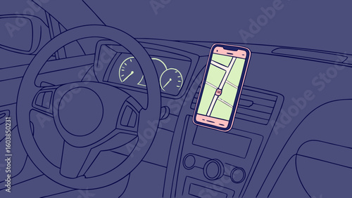 A car interior featuring a steering wheel, dashboard gauges, and a smartphone displaying a map application