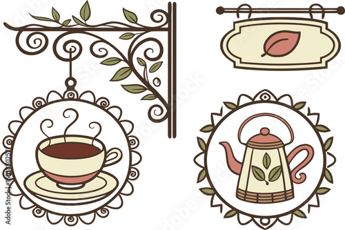 Charming vintage cafe signs featuring a steaming cup of coffee and a decorative teapot adorned with floral scrollwork and natural leaf motifs