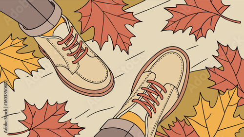 A view from above of shoes and fallen autumn leaves scattered on the ground in a seasonal scene