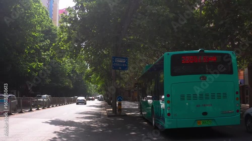 Driving through a tree-lined street with public transport and motorbikes in a vibrant urban area