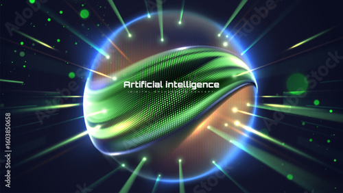 Futuristic background with green glowing particle elements and AI numerical calculations. Artificial intelligence deep learning technology and data flow design.