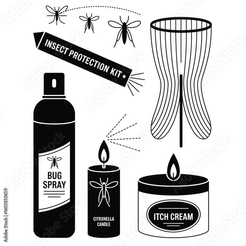 Insect protection kit with bug spray, mosquito net, citronella candle, and itch cream in black and white vector illustration style
