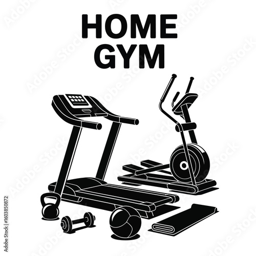 Home gym equipment bundle with treadmill, dumbbell, yoga mat, elliptical machine, kettlebell, and medicine ball in black and white vector