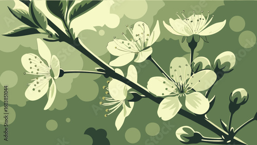 A stylized illustration of a blossoming branch with flowers and buds against a green background