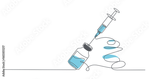 syringe drawing liquid from medical vial illustration, minimal vector symbol of vaccination, medication preparation and healthcare on white