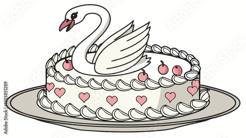 Illustration of a round cake decorated with a swan, cherries and hearts on a silver platter