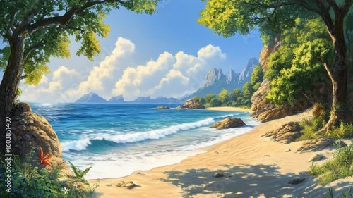 Serene Tropical Beach Landscape with Lush Greenery, Gentle Waves, and Majestic Mountains Under a Clear Blue Sky 4k video footage